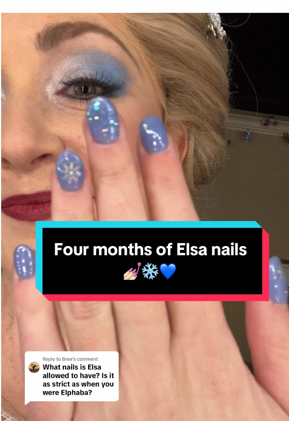 Replying to @Bree Four months of blues and silvers, baby! 💅🏻❄️💙 #actor #nails #musicaltheatre #frozenthemusical #thecoldneverbotheredmeanyway #letitgo #broadway #frozen #intermission #nailart 