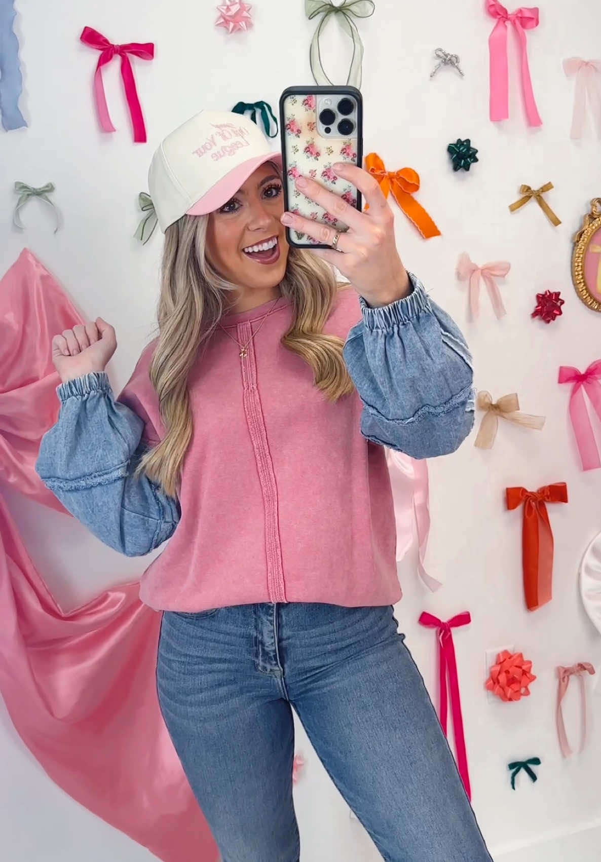 cutie lil spring outfit 🌸🌸 denim sleeved top S-L; wearing a size small! 🫶 #denim #denimtop #clothes #spring #springwardrobe 