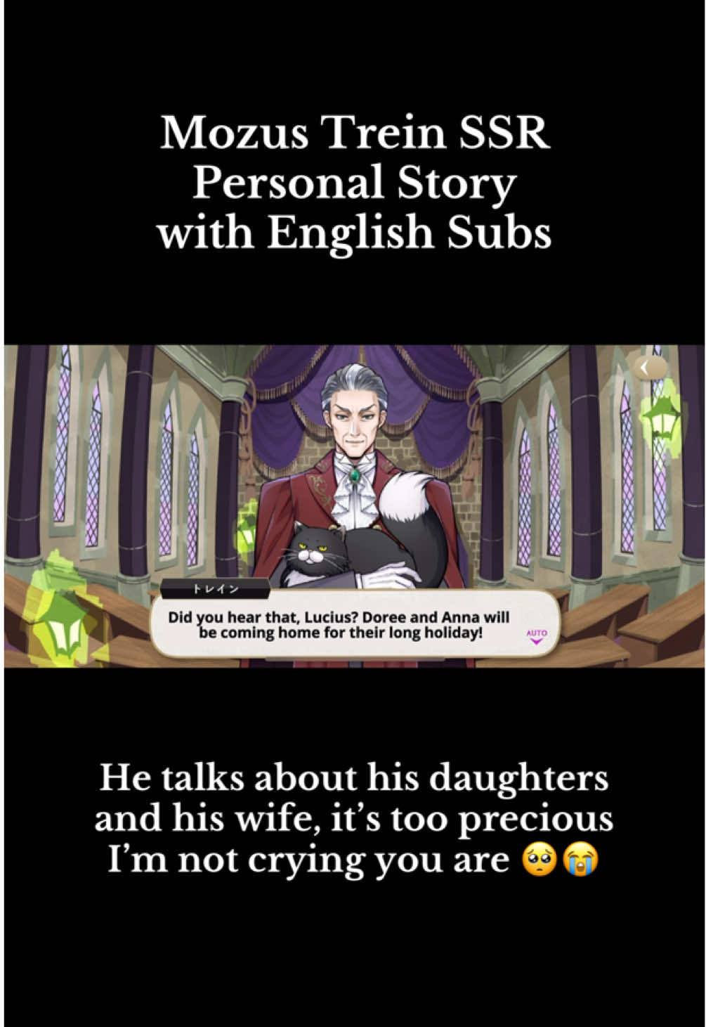 Mozus Trein is so much kinder than the Evil Stepmother he's based on. His personal story from the new SSR card made me cry?? 😭😭 Here's English subs for a section of the story where he speaks with his daughter and talks about his late wife with Lucius 🥺 #TwistedWonderland