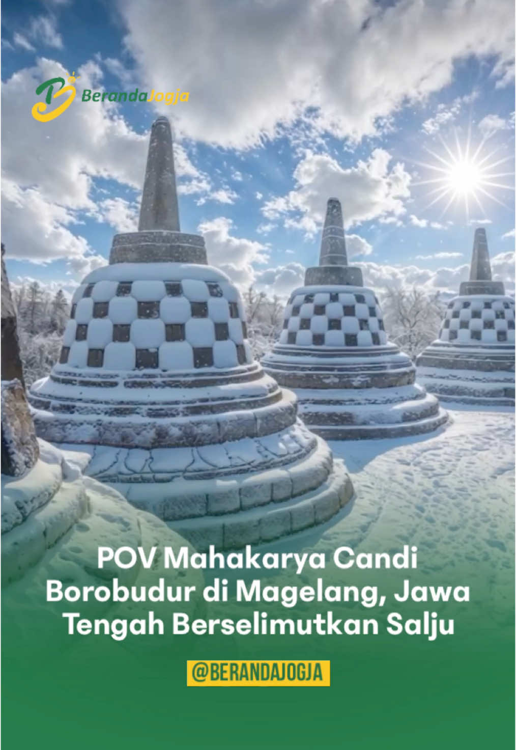 Tak Jogja, Salju Juga Turun di Candi Borobodur, Magelang, Jawa Tengah! ❄️ Credit : IG/brilianfairiandi  #berandajogja #candiborobudur #magelang #borobudurtwmple
