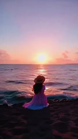 A lonely girl sits on the shore, gazing at the sunset. Her long dress and hat sway gently in the wind. Waves softly touch her feet. She lifts her eyes to the horizon, removes her hat, and stands in silence, alone with the sea. A moment of peace, serenity, and self-reflection. #sunset #sea #silence #loneliness #girl #serenity #evening #nature #moments #beauty  Одинокая девушка сидит на берегу, глядя на закат. Её длинное платье и шляпа нежно развеваются на ветру. Волны мягко касаются её ног. Она поднимает взгляд к горизонту, снимает шляпу и остаётся наедине с морем и тишиной. Лёгкость, спокойствие, поиск смысла. #закат #море #тишина #одиночество #девушка #спокойствие #вечер #природа #моменты #красота