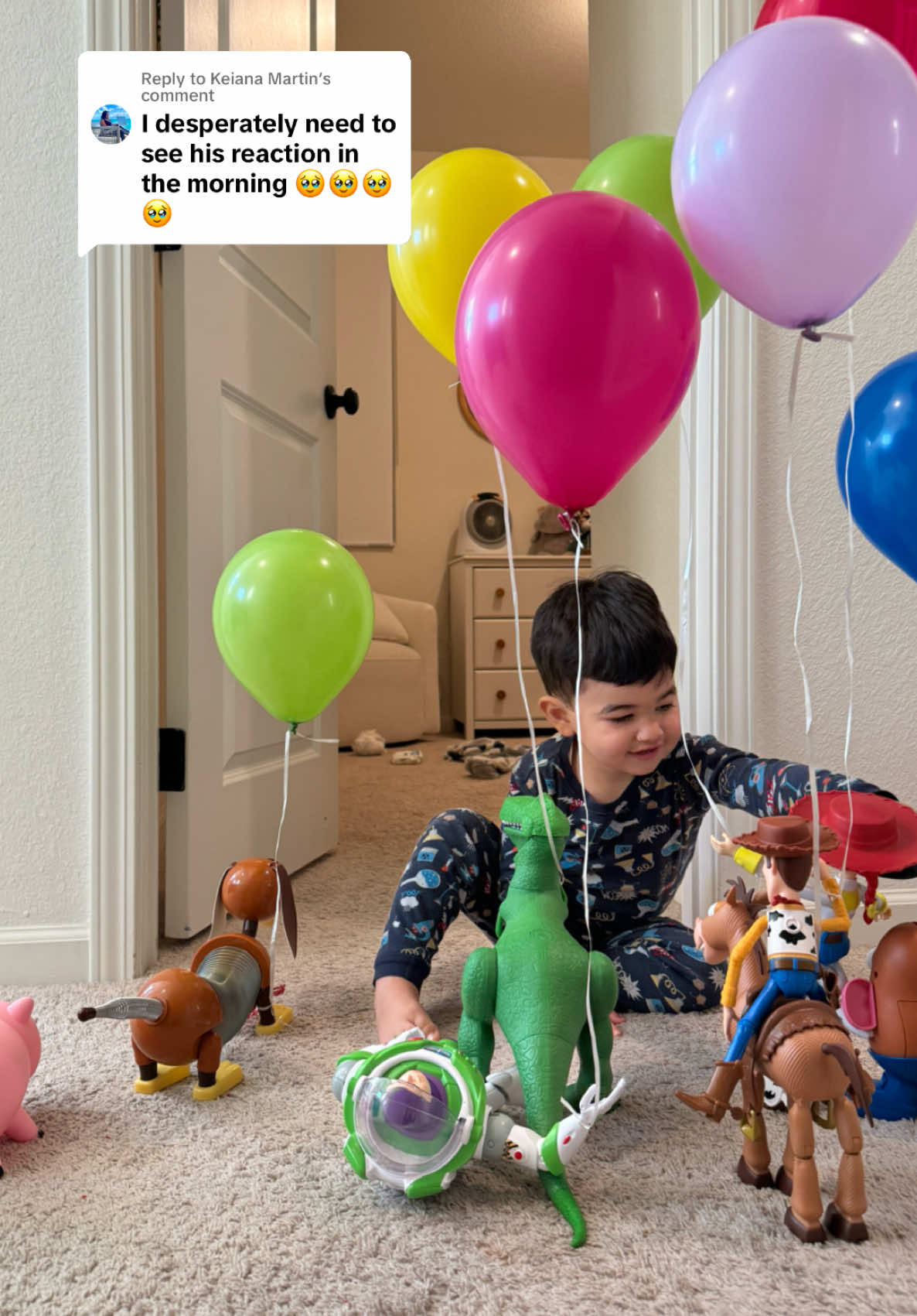 Replying to @Keiana Martin WOW THANK YOU ALL SOO MUCH for the love on my last post!! 😭😭 He reacted so surprised and shocked and I could tell he was just processing it all when he sat down 🥹 usually he jumps and is so excited for new toys but this was such a special reaction because he was truly just soaking it all in that all his favorite buddies were there with him🥹😭 #toystory #toddlermom #boymom #birthday 