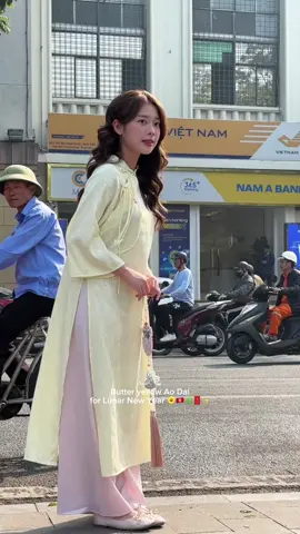 Áo dài màu vàng bơ kết hợp với quần lụa hồng pastel 🥞🩰 #fy #xuhuong #fyp #aodaivietnam #aodaitet2024 #aodaitet #aodai #aodaithietke 