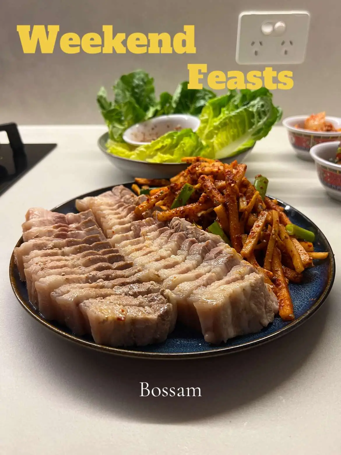 Nothing hits like Bossam 😮‍💨 Juicy tender pork belly paired with a salty umami dipping sauce, complimented with sweet and crunchy radish kimchi and lettuce for wraps. Where’a my pork belly lovers at?? #porkbellyrecipes #bossam #koreanfood #radishkimchi