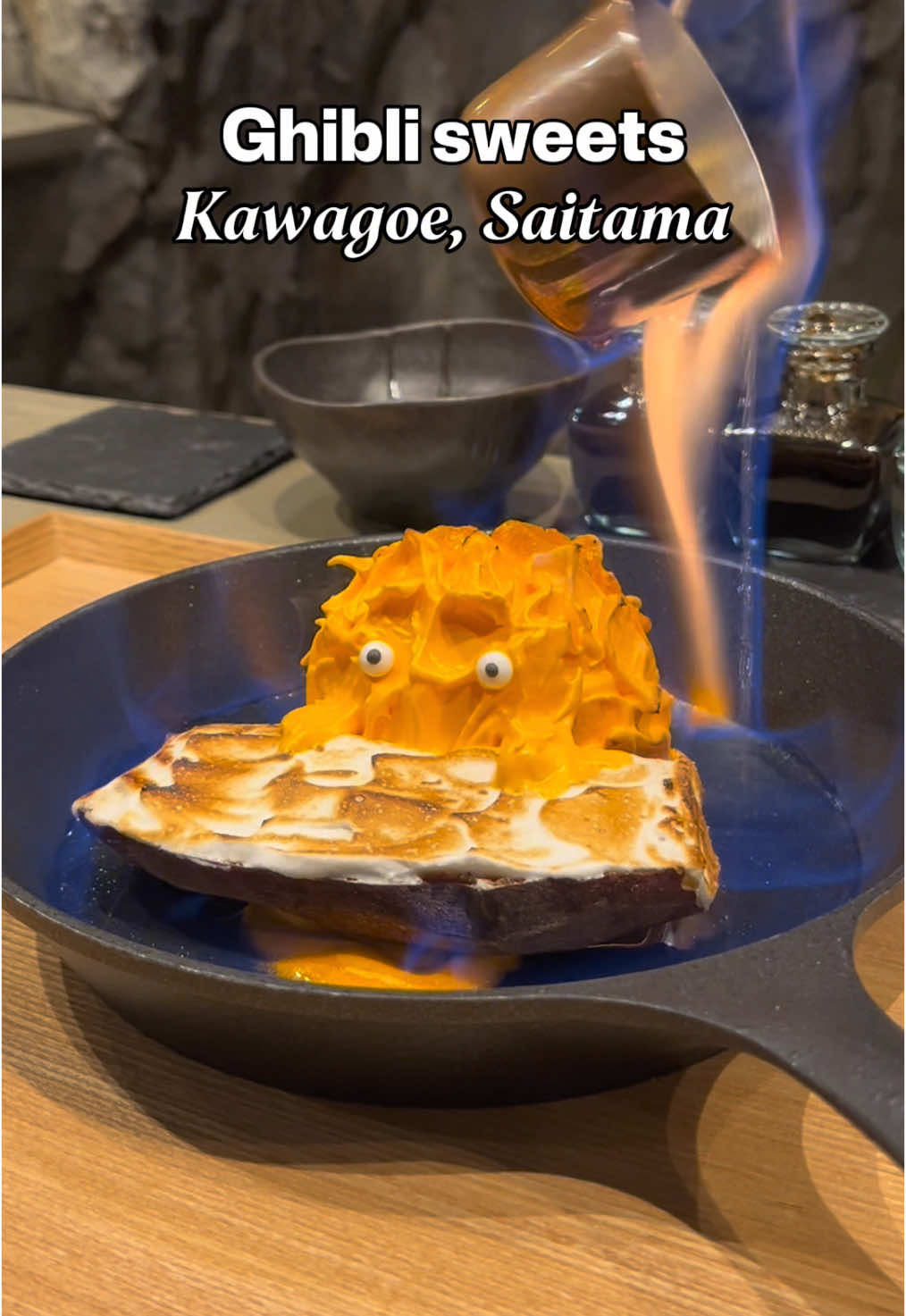 1 hour from Tokyo - Ghibli desserts 🐈‍⬛🔥 . . This restaurant in Saitama, Japan sells the cutest Ghibli-themed desserts! 😍  The calcifer dessert (¥1380) is ice cream covered in a delicious sweet potato paste. The ‘wood’ in front of him is sweet potato with meringue on top! 🔥 The dessert is flambéed which looks so cool! 😆 The jiggly cat puddings (¥790 per cat) have been a trend for a while, and i love the Ghibli twist on these! 😸 This place is also famous for its delicious egg dish - will post about it soon 🥰 ⚠️ Please note that the restaurant only accepts cash payment   ⚠️ no reservations  📍 和心 −器と卵かけごはん− (Wagokoro) 〒350-0043 Saitama, Kawagoe, Shintomicho, 1 Chome−6−11 TDUビル B1 Instagram: @kawagoewagokoro . . #japantravel #tokyotravel #saitama #kawagoe #ghibli #ghiblifood #kawagoewagokoro #wagokoro #川越和心 
