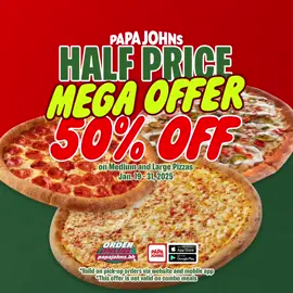 50% OFF on Large and Medium Pizzas! #papajohnsbahrain #papajohns #food #pizza #pizzalover 
