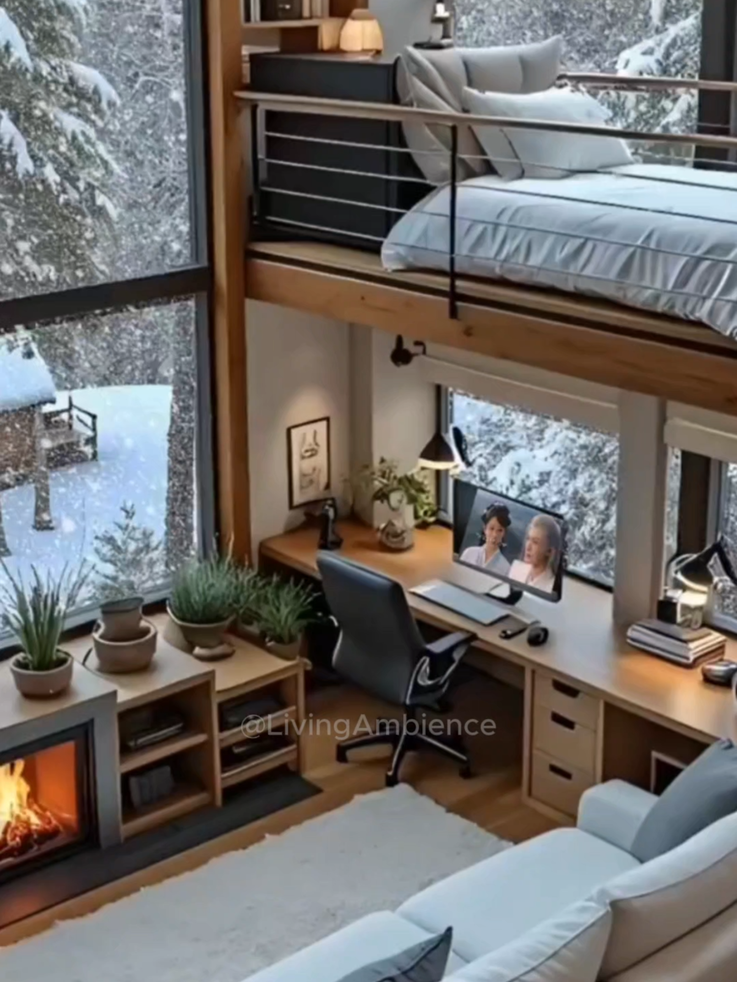 Winter Loft Retreat with Fireplace Vibes ❄️🔥🌲 #relaxing #relaxingambience #cozyroom #homedecoration #aestheticvideos #tinyroom #cozycabin #livingambience #rainyday #cozy
