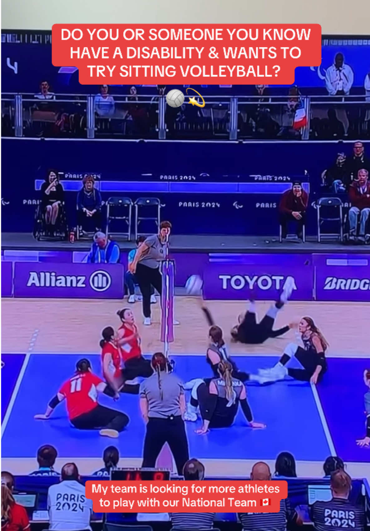 This was us at the Paris Paralympics this past summer 🥹♥️ It’s so much fun & we’ll get to hangout! DM and I can put you in contact with my coach 🥰 #sittingvolleyball #teamcanada #adaptivesports 