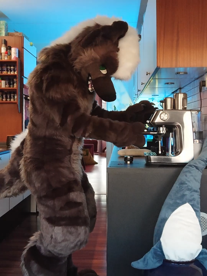 Aight we making #espresso while in a #fursuit ✨ #hyena #yeen #espressoyeen