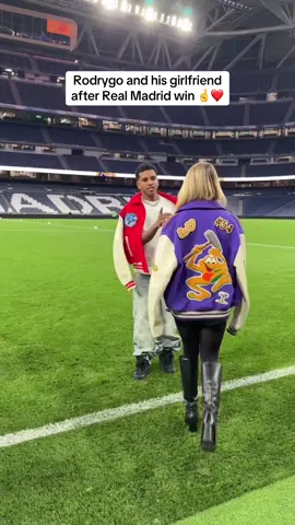 Both in LV varsity jackets too, real couple goals💧❤️ @Bruna Rotta #football #fashion #drip #viral #rodrygo #brazil #spain #realmadrid #laliga #couple 