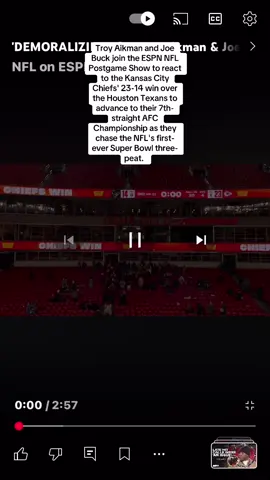 Troy Aikman and Joe Buck join the ESPN NFL Postgame Show to react to the Kansas City Chiefs' 23-14 win over the Houston Texans to advance to their 7th-straight AFC Championship as they chase the NFL's first-ever Super Bowl three-peat. #nfl #football #nflfootball #NFLPlayoffs #football #sports #fypシ゚viral #fyp #fypage 