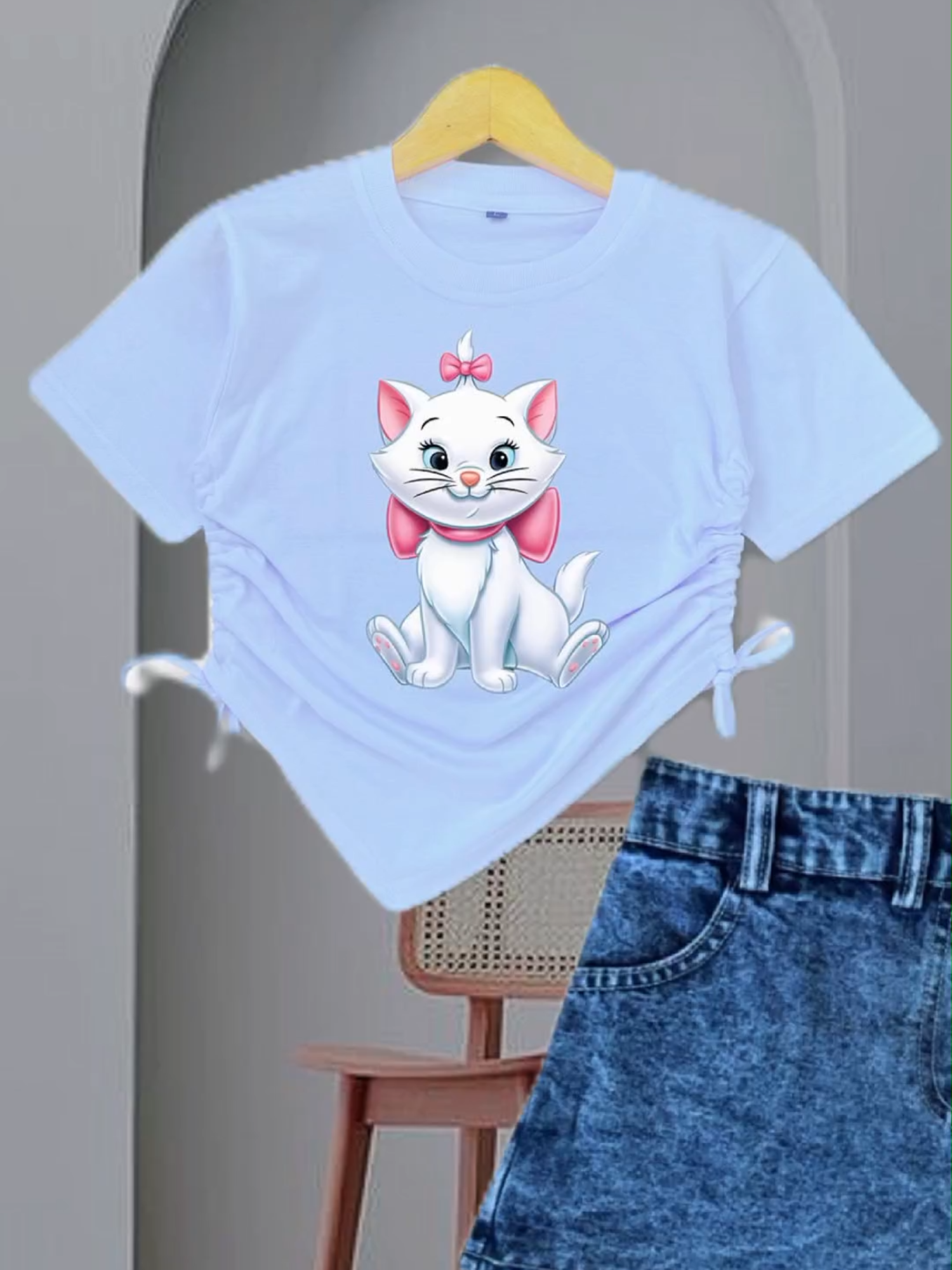 setelan anak perempuan atasan kaos serut motif kartun lucu dan bawahan rok celana jeans #setelananakperempuan #setelananakcewek #setelananak #pakaiananak