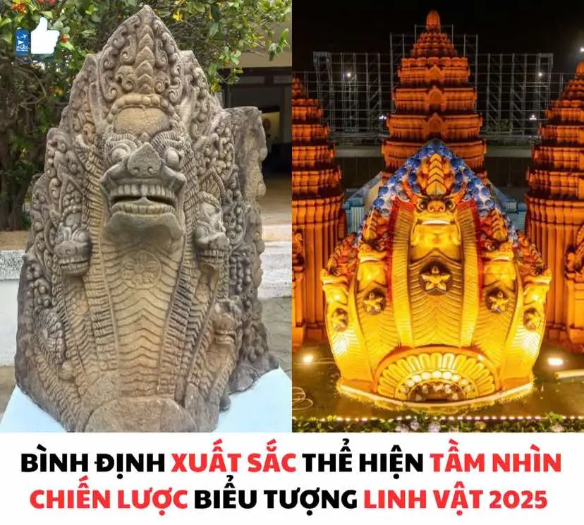 Linh vật không chỉ là một tác phẩm để chiêm ngưỡng, mà còn là “tuyên ngôn văn hóa”, bản sắc và niềm tự hào của một vùng đất. Năm 2025, Bình Định đã thể hiện tầm nhìn sâu sắc và đầy bản lĩnh khi lựa chọn hình ảnh rắn thần Naga 5 đầu làm cảm hứng linh vật. Hình tượng rắn thần Naga 5 đầu là biểu tượng từ văn hóa Champa rực rỡ, một phần không thể thiếu trong bề dày lịch sử của Bình Định. Được chạm khắc trên các tháp cổ như tháp Dương Long, Naga không chỉ là biểu tượng của sức mạnh, mà còn là sự bảo hộ, thịnh vượng và kết nối giữa con người với thần linh và đất trời.  Bình Định không chỉ đơn thuần dựng lên một linh vật, mà đang “kể lại” câu chuyện về một vùng đất giàu truyền thống, nơi những giá trị cổ xưa vẫn tiếp tục truyền cảm hứng cho hôm nay và mai sau. Khi đặt linh vật Naga 5 đầu vào vị trí trung tâm của năm du lịch 2025, Bình Định không chỉ đơn thuần giới thiệu một hình ảnh đẹp, mà còn mở ra một chiến lược quảng bá du lịch văn hoá bền vững. Thay vì chạy hình ảnh bình thường, Bình Định chọn hướng đi khôn ngoan hơn – làm du lịch bằng chiều sâu văn hóa, bằng sự độc đáo với bản sắc không trộn lẫn. Bình Định có quyền tự hào rằng, mỗi đường nét của linh vật là sự kết tinh của lịch sử, văn hóa và tinh thần của quê hương từ bàn tay nghệ nhân. Đó là câu chuyện chỉ Bình Định mới có, chỉ Bình Định mới kể được – và khi đã hiểu thấu, chúng ta sẽ càng thêm yêu và tự hào về lựa chọn này. Năm 2025 sẽ không chỉ là năm du lịch, mà là năm Bình Định định vị mình trên bản đồ văn hóa Việt Nam, bằng sự đầu tư chỉn chu, bằng tầm nhìn xa và bằng niềm tự hào sâu sắc với những giá trị không thể trộn lẫn. 📸: Sưu tầm  ------- 👍 Thích Tours - Make it Memorable! Thích Tours - Đơn Vị Lữ Hành Quốc Tế Hàng Đầu Quy Nhơn #quynhon #goiydulichquynhon #fypシ #77binhdinh #trending #linhvatbinhdinh #linhvat2025 #linhvatran #tiktok #xhhhhhhhhhhhhhhhhhhhhhhh #xh #thichrours 