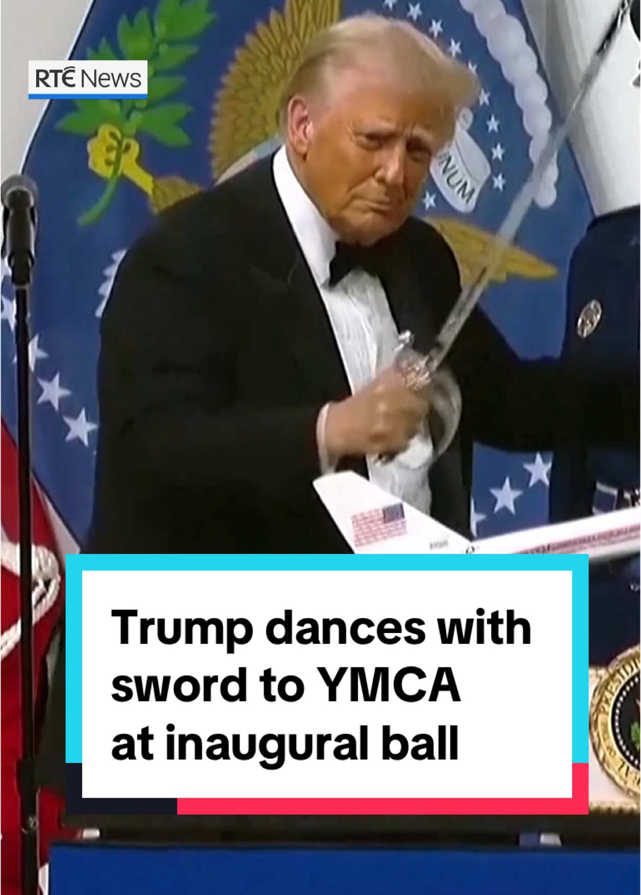 This is the moment US President Donald Trump broke out his familiar YMCA dance routine at the Commander in Chief inaugural ball, as he brandished a sword that was handed to him to slice a giant cake. #rtenews #DonaldTrump #US 