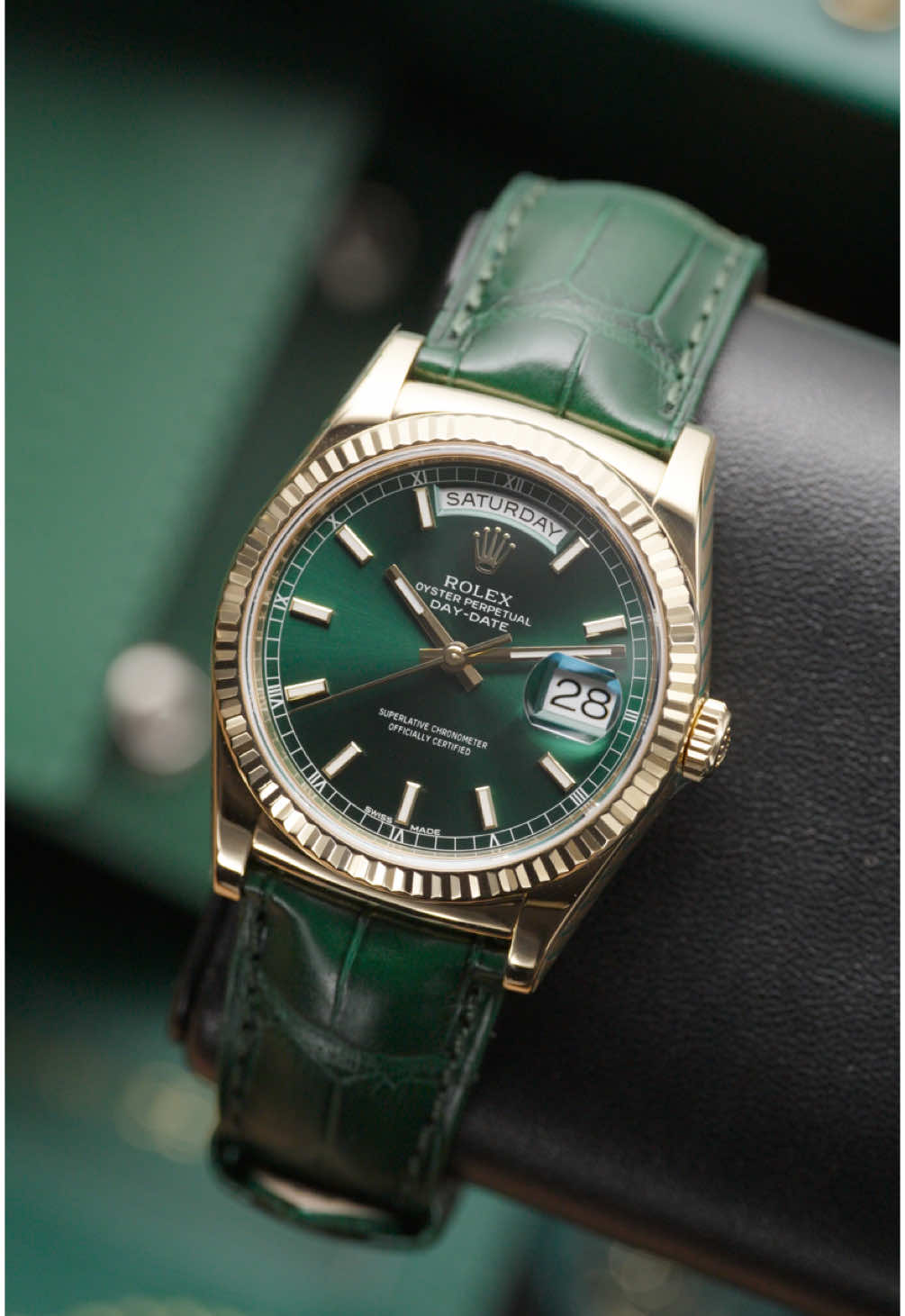 Elevate every moment with the sophistication of the Rolex Day-Date on a green leather strap.  A bold statement of style and success. Avaliable today at The Luxury Hut  . . . .  #RolexDayDate #Green #Gold #Luxury