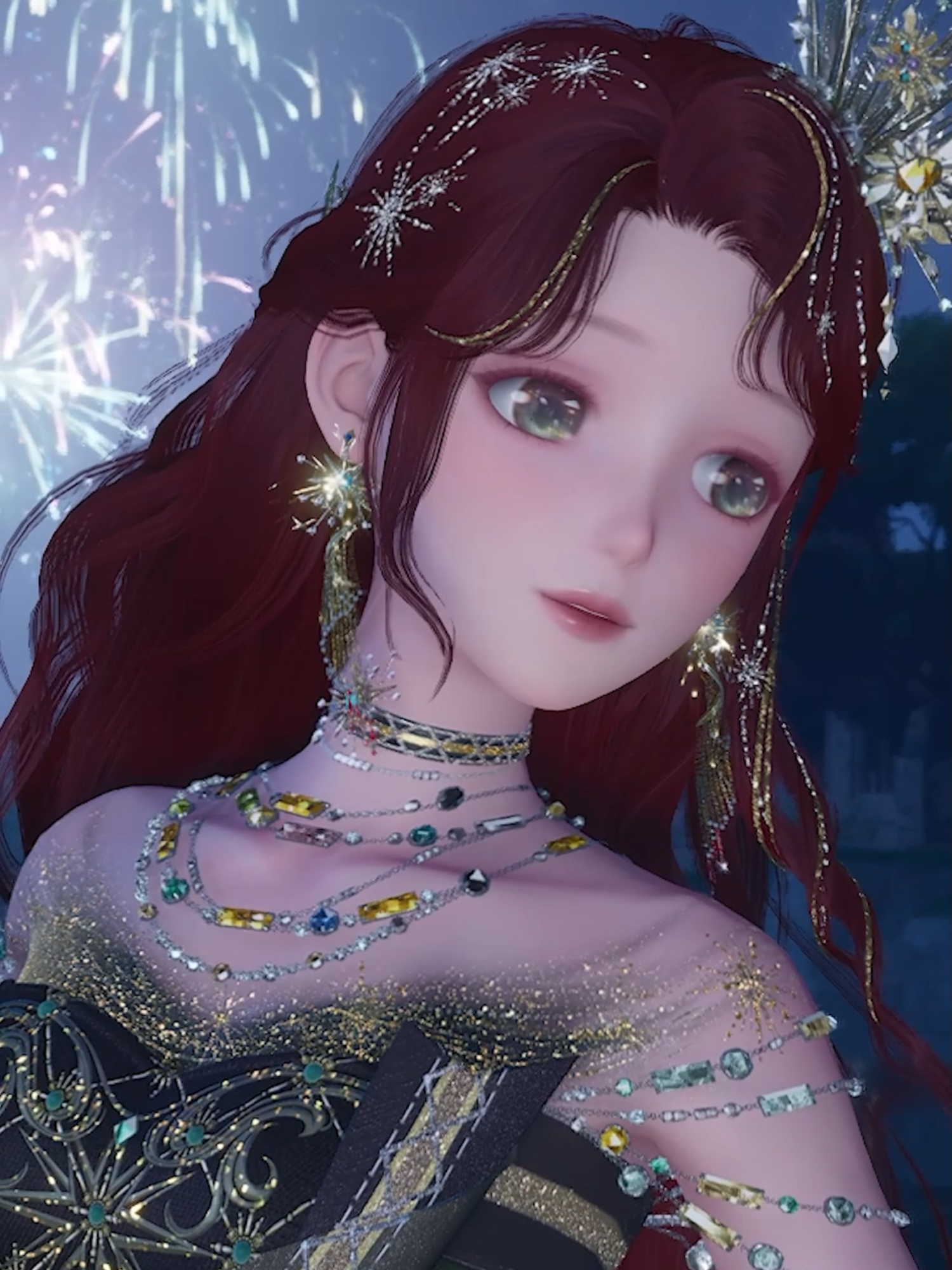 奇想クローゼット丨夜を彩る光 >>メインスタイル・エレガント 物語の始まりは、バリバリ火花のきらめきだった。欠けた月の光は暗い夜を照らしきれなかったが、遠くで小さな閃光が少女に向かって揺れ動いた。 ※画像の一部のメイクは参考用です。衣装の実際の効果はゲーム内でご確認ください。 🎆コーデスキル 「咲き乱れる花焔・創想」を使用すると、立ち止まっている時も、移動している時も、背後にはきらめく花焔が咲きます。手の中の花焔を点して、幻想の世界を背後に鮮やかに咲き誇らせましょう！ 🎆合計共鳴回数報酬 「夜空へ捧げる花束」で共鳴を160回行うと、ダンスポーズ【花焔のお誘い】とアイテム【花焔の歓歌】を含む【お宝たくさんギフト】を追加で獲得できます。アイテム【花焔の歓歌】は、使用するとフィールドで踊ることができます。ダンスポーズ【花焔のお誘い】はモモカメラで撮影する時に使用できます。 🎆共鳴期間 2025年1月24日メンテナンス後～2025年2月26日4:49:59(UTC+9) #インフィニティニキ