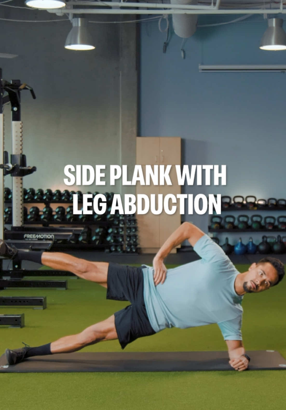 Try out the Side Plank with Leg Abduction to add strength and mobility to your Side Planks! > Perform the same setup as the BOSU Ball Side Plank except place bottom elbow on the ground, directly under your shoulder > Extend the top arm toward the ceiling (optional) > Lift your top leg vertically toward the ceiling, keeping the hips steady > Lower the leg with control or hold it in position for an extra challenge Benefits: > Adds strength to the hip abductors, particularly the gluteus medius, improving hip strength and stability Form Tips: > Keep hips elevated > Ensure controlled leg movement without swinging or compensating by dipping or rotating the hips Tag someone who needs this variation! #foryou #foryoupage #fypage #fyp #sideplank #sideplanks #sideplankchallenge #sideplankvariation #sideplankpose #GymTok #trainwithme 