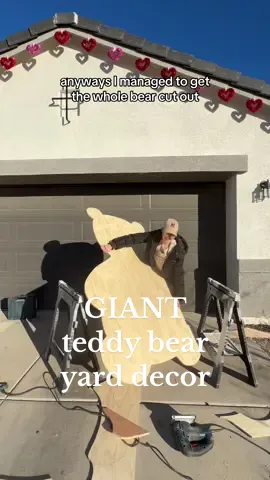 I’m making a giant teddy bear Valentine’s Day yard decoration. Little (or big) stuffed teddy bears are quintessential Valentines if you ask me! I sketched the bear out and then cut him out using my jigsaw and gave him a. Quick cost of brown paint - but tomorrow I will add the details 🧸❤️ #DIY #diyyarddecor #valentinesbear #giantteddybeardecor #teddybeardecor #yarddecor #holidayyarddecor 