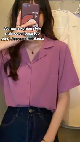 Women's korean style plain color loose top short sleeve collar blouse #affordableBlouse  #trendingBlouse  #collarblouseoutfit  #CapCut 