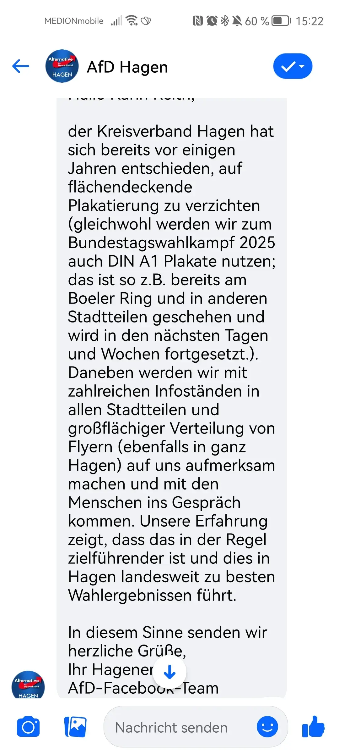 Das habe ich bekommen nachdem ich die Afd💙💙💙 Hagen angeschrieben habe warum bei uns keine Plakate zu sehen gibt💙💙💙#afdseischlauwählblau 💙💙💙💙 Danke für die Information💙💙💙💙