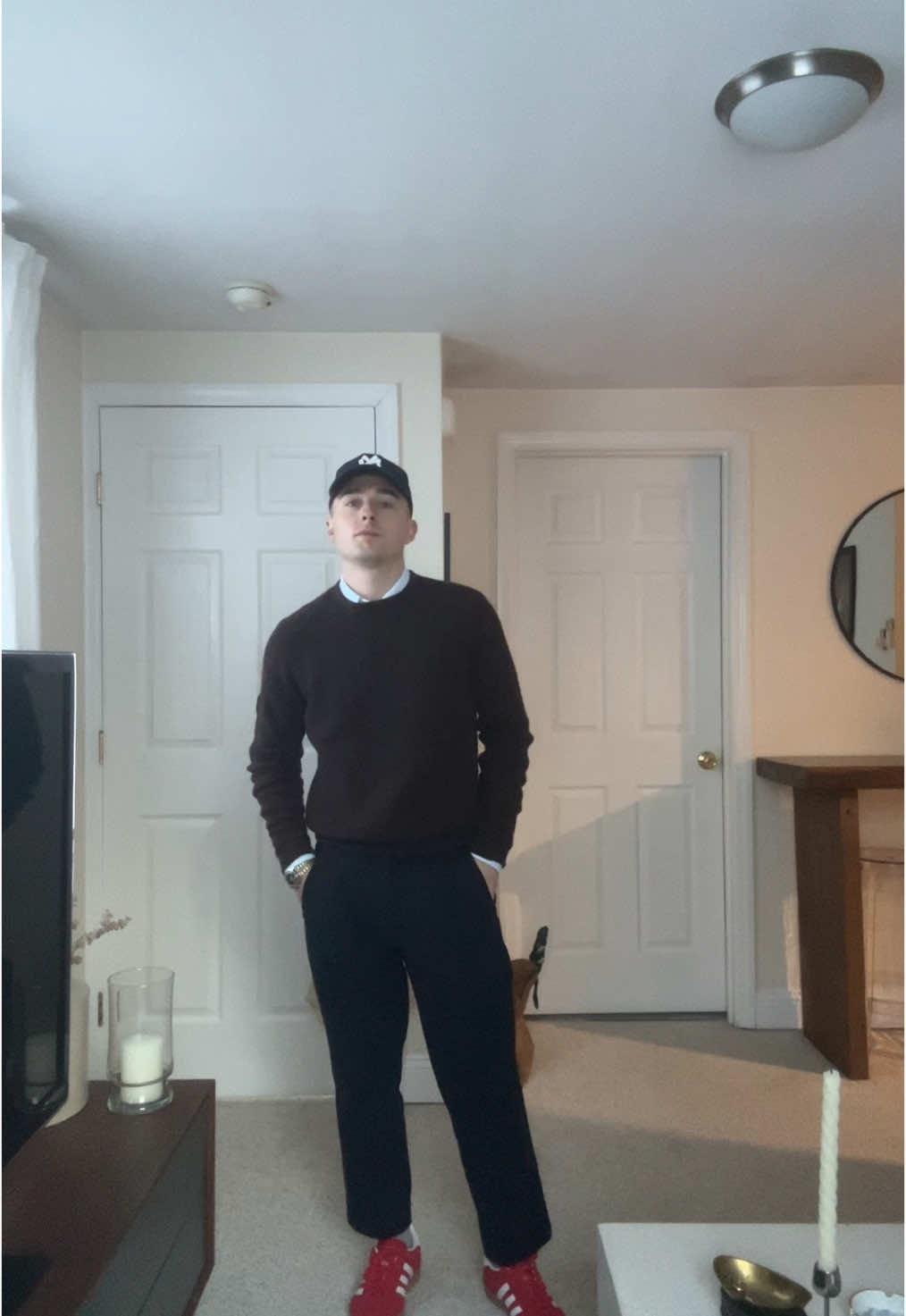 daily fit check 🥶 hat: @AMERICAN NEEDLE JAPAN  sweater, shirt, pants: @Rhone  sneakers: @adidas  #mensfashion #mensstyle #personalstyle #menswear #OOTD #styling #ootdinspo #winterstyle #fitcheck #menswinterfashion #outfitoftheday #style 