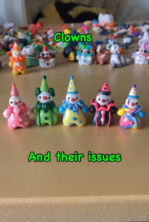 Clowns and their random personality traits. Also Lollipop is by far one of my favorite designs, I’d love to make more of him but all the colors make it super difficult. #clown #clowns #cute #art #meme #funny #relatable #circus #fyp #foryoupage #clowncore #handmade 