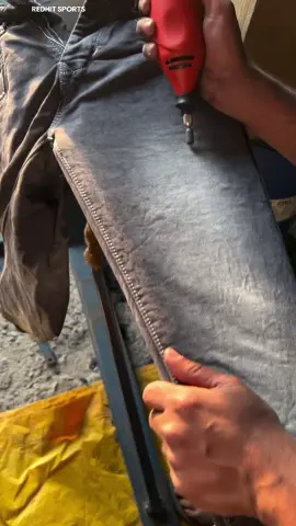 Denim Distress Process  #CustomApparel #manufacturer #ClothingManufacturer #redhitsports #CustomClothing #SportswearManufacturer #StreetwearFashion 