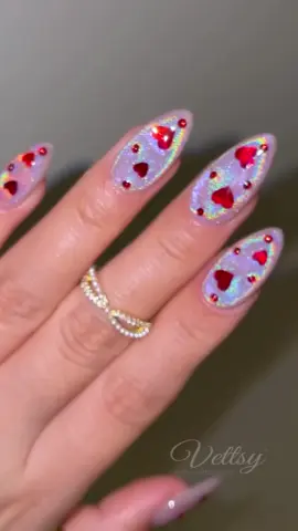 🌈 Holo Cat Eye With Red Heart Nails, your cute & colorful V-Day Nail Inspo 😘 Save for your next set! 🛒Using: ✨Hema-Free Gel-Glazy ✨Hema-Free Rainbow Cat Eye Gel ✨Valentine Nail Glitters-Red ✨Rhinestone Picker Pen Pro