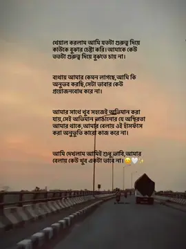 খেয়াল করলাম আমি যতটা গুরুত্ব দিয়ে কাউকে বুঝার চেষ্টা করি।আমাকে কেউ ততটা গুরুত্ব দিয়ে বুঝতে চায় না।  ব্যথায় আমার কেমন লাগছে,আমি কি অনুভব করছি,সেটা ভাবার কেউ প্রয়োজনবোধ করে না। আমার সাথে খুব সহজেই অভিমান করা যায়,সেই অভিমান ভাঙানোর যে অস্থিরতা আমার থাকে,আমার বেলায় ওই হাঁসফাঁস করা অনুভুতি কারো কাজ করে না।  আমি দেখলাম আমিই শুধু ভাবি,আমার বেলায় কেউ খুব একটা ভাবে না।😊🤍✨ @Tik Tok BangIadesh 🇧🇩 #foryou #idfreezz🙏🙏 #bdtiktokofficial #viral #evu #foryouplz #bdtiktok #fryoupage 
