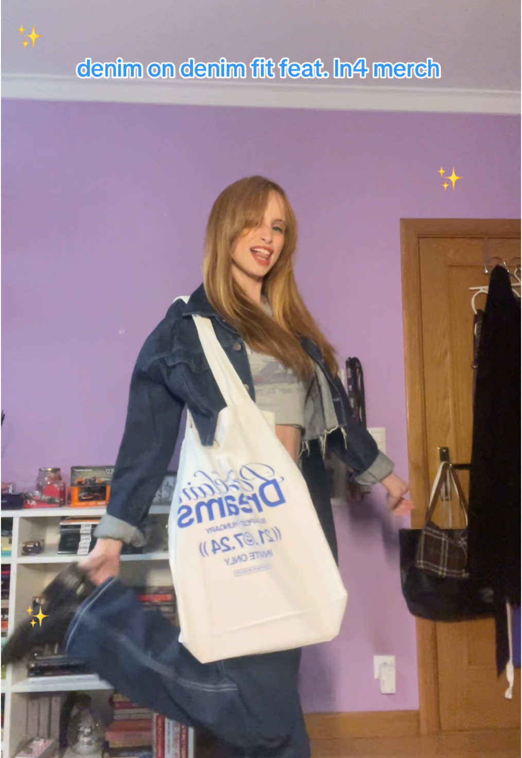 celebrating the release of sports car w/ a casual denim on denim outfit with my new ln4 tote bag  #f1 #formula1 #f1tiktok #f1content #OOTD #outfitinspo #mclaren #landonorris #f1girl @Lando Norris @LN⁴ #formulaone #denimondenim #fyp #SportsCar #outfit 