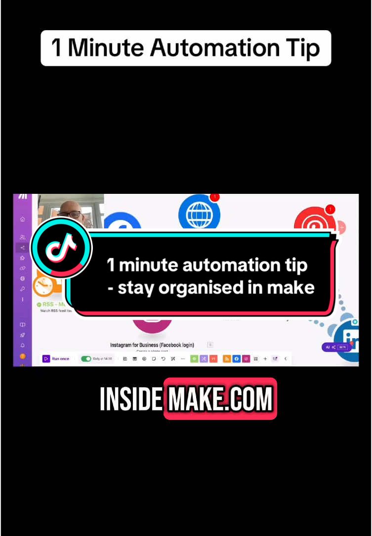 1 minute automation tip- The auto align function will automatically pull all your modules back into line. The simple show flow feature in make.com will help you to understand what way the automation is gong to flow. Really helpful if you have routers going to multiple modules ea within your scenario. 1 minute automation tip  Make.com automation  automation tools workflow automafion  really simple tik tok automation  automation hacks business automation Chat GPT Al @ian_automates - LinkedIn automation in under 2 minutes  #lan_Automates #make.com #automation #ai #aiautomation #smallbusinesstiktok #automate