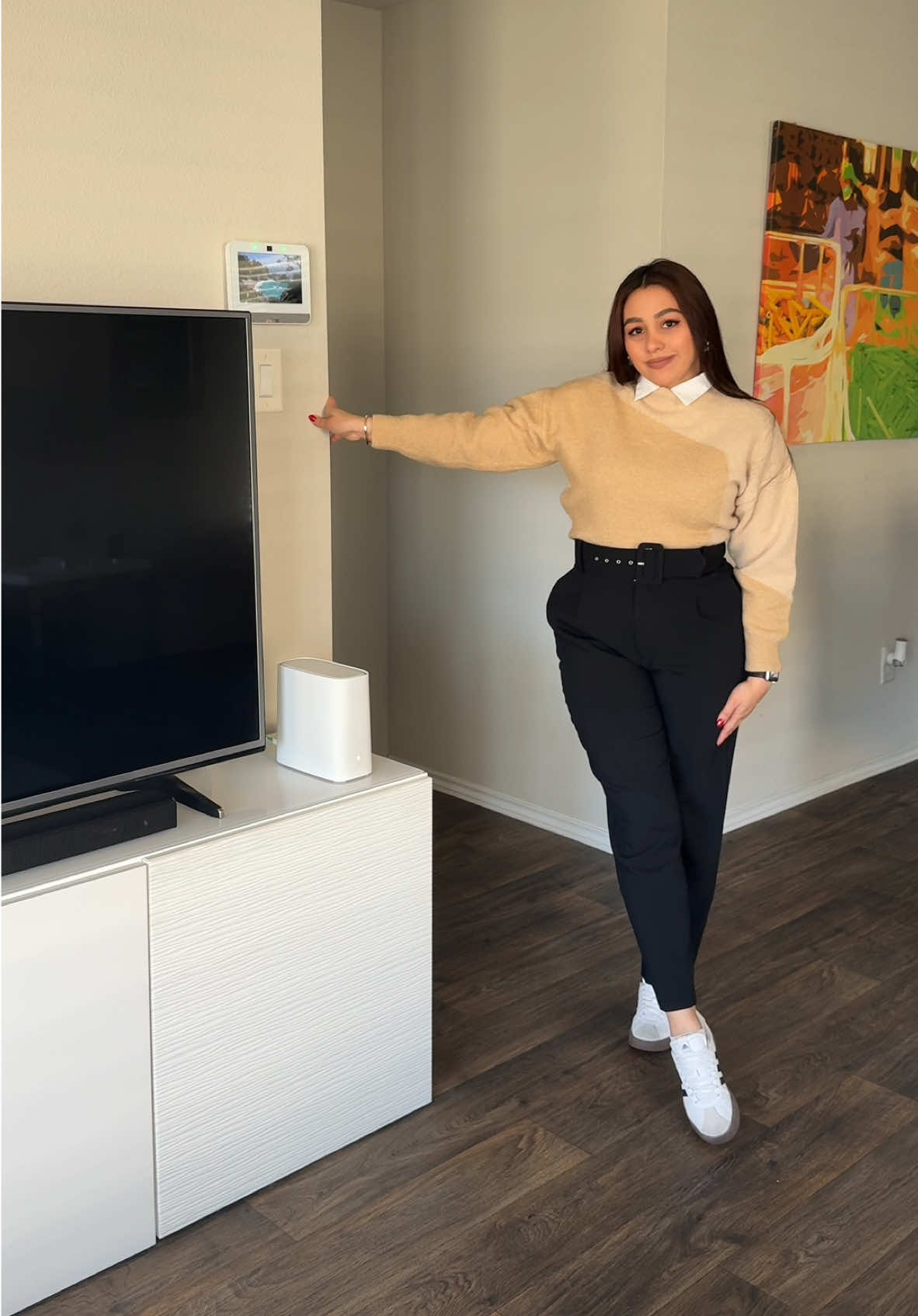 Not every day is heels day. Today's outfit: black pants, white collar, camel sweater, and white Adidas court  Pants: Zara, L Sweater: Forever21, M Shoes: Adidas, 6 #contentcreator #grwm #zara #outfit #officeoutfit #outfitinspo #winteroutfit #midsizefashion #officeoutfit #OOTD  Outfits, winter outfit, office outfit, midsize outfit, grwm.