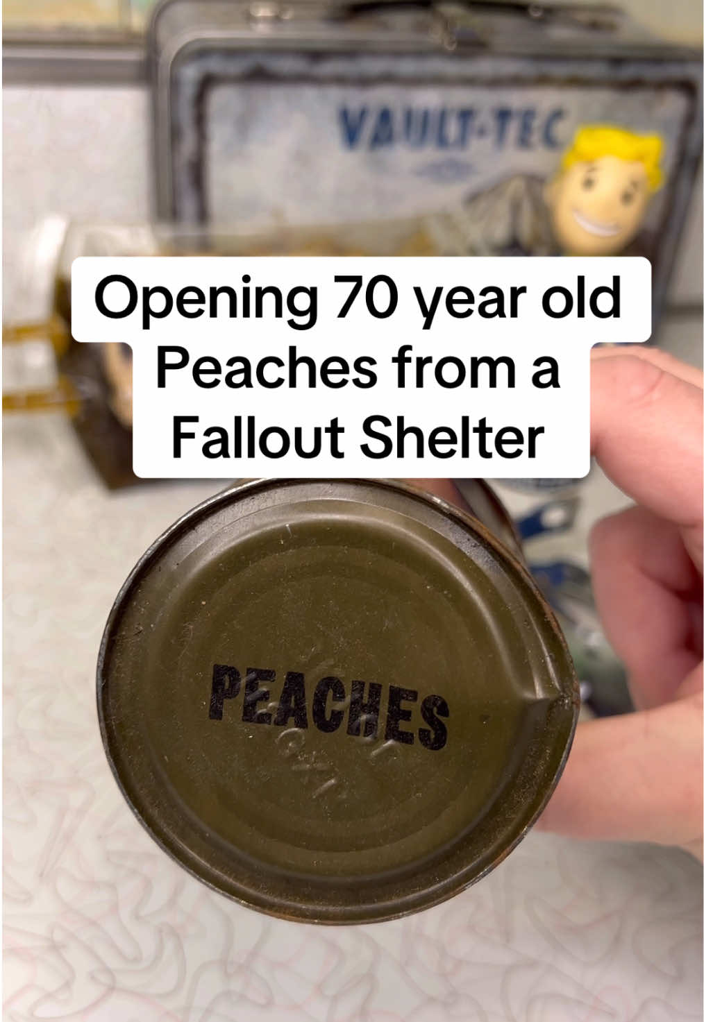 Opening 1950s canned Peaches from a Fallout Shelter and comparing to present day canned peaches. Massive RADAWAY needed just opening this thing! #fallout #mrsfallout #fallouttok 