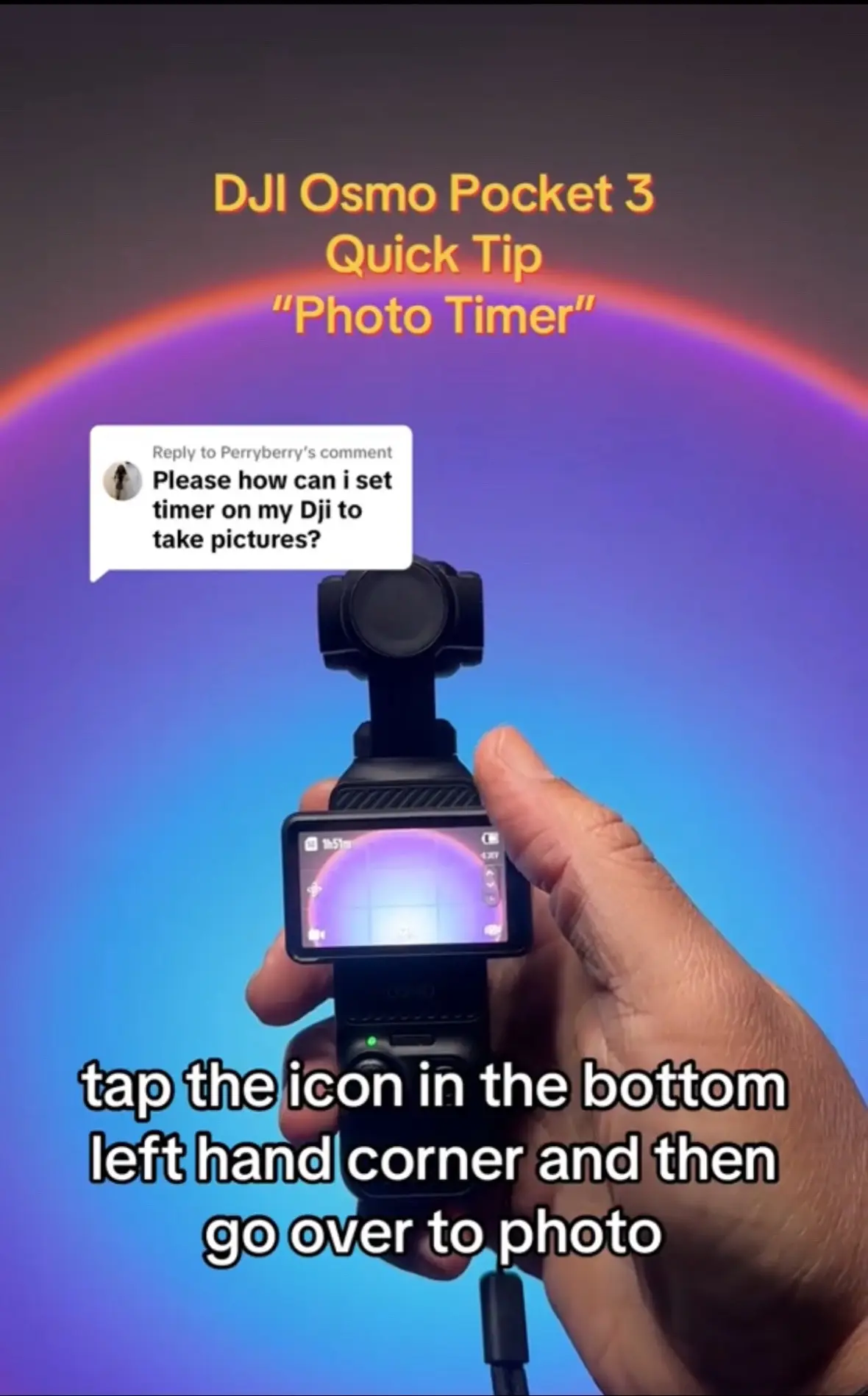 tap the icon in the bottom left hand corner and then go over to photo and now what you wanna do is swipe up from the bottom of the screen and now here at the bottom you can select your timer from 3 seconds 5 sec all the way up to seven seconds so that's how you able to set your timer for you want to take a photo If you want more quick tips for the DJI Osmo pocket three please go ahead and follow and don’t forget to say Wooord?! #dji #djiosmopocket3  #pocket3  #osmopocket3  #djiosmo  #djiglobal  #vlogcamera  
