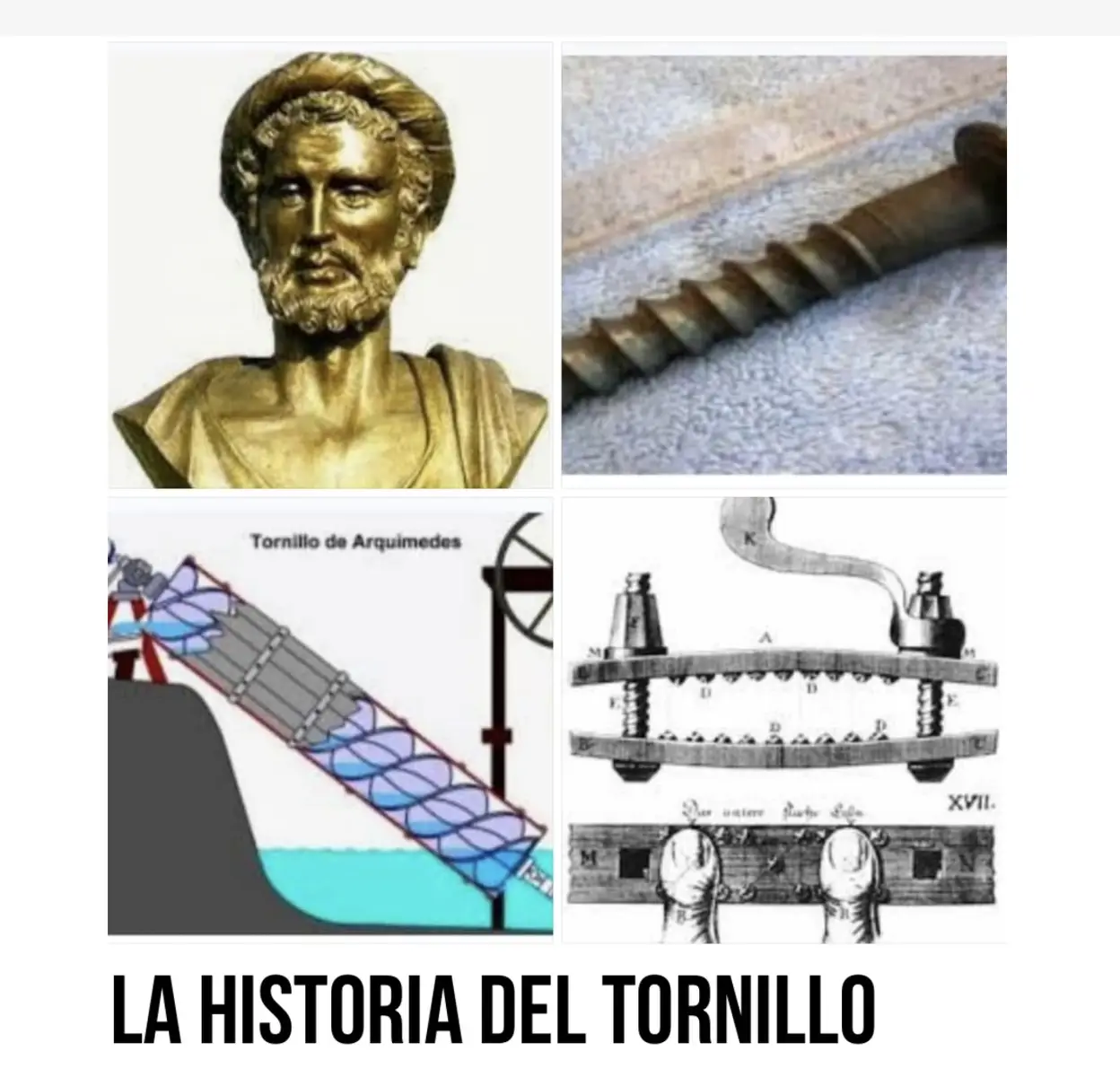 Algunos historiadores mencionan que los antiguos egipcios hacían uso del tornillo, pero el primer registro que se tiene acerca de su invención se remonta al nombre del griego Arquitas de Tarento que viviera entre los años 430 a 360 a.C. Arquitas fue también quien inventó la polea. Posteriormente Arquímedes (al encontrar la forma de medir el volúmen de un cuerpo irregular) perfeccionó el tornillo e inventó el torno y un “tornillo sin fin”, el cual usó para trasladar agua a superficies más altas. El primer tornillo de la historia se atribuye a Arquitas de Tarento Durante la Edad Media, y posteriormente a ésta, un método de tormento llamado las empulgueras consistía en colocar los dedos pulgares de la persona a torturar entre dos soportes para machacar los dedos del individuo, girando una manivela que hacía girar una especie de tuerca sobre un tornillo para acercar los soportes entre sí, claro con el dedo del infeliz enmedio de éstos. Durante el siglo XVI surgieron los tornillos de madera, los cuales empiezan a aplicarse en maquinas de guerra y otros artilugios mecánicos, entonces no había ni tornillos ni tuercas iguales, ya que eran fabricados de forma artesanal y variaban tanto en tamaño como en diámetro de la rosca, así como en la separación de la misma.  Fue hasta la revolución industrial cuando, con la llegada de las máquinas se comenzó a producir en gran escala, pero continuó el problema de que las medidas eran todas diferentes, ya que no existía una estandarización en la métrica de de su fabricación. Es entonces cuando el inglés Joseph Whitworth sugiere en el año 1841 un paso de rosca universal para cualquier tornillo, independientemente del fabricante y lugar de origen. A partir de ese momento es cuando todo lo que resulta armado es más confiable, ya que el tornillo da la seguridad que no se tenía con los clavos o grapas, era mucho mas durable y eficiente. Hasta aquí la breve pero milenaria historia del tornillo, y recuerda que cuando se hable de la era de las computadoras, de la revolución industrial, de las nuevas tecnologías, del mayor viaje del hombre habido o por haber o de la era de los robots, ahí se encuentra de forma implícita la historia del tornillo.  Entonces, la próxima ves que te encuentres en una discusión acerca del invento más importante para la humanidad, bien podrías considerar ésta historia.