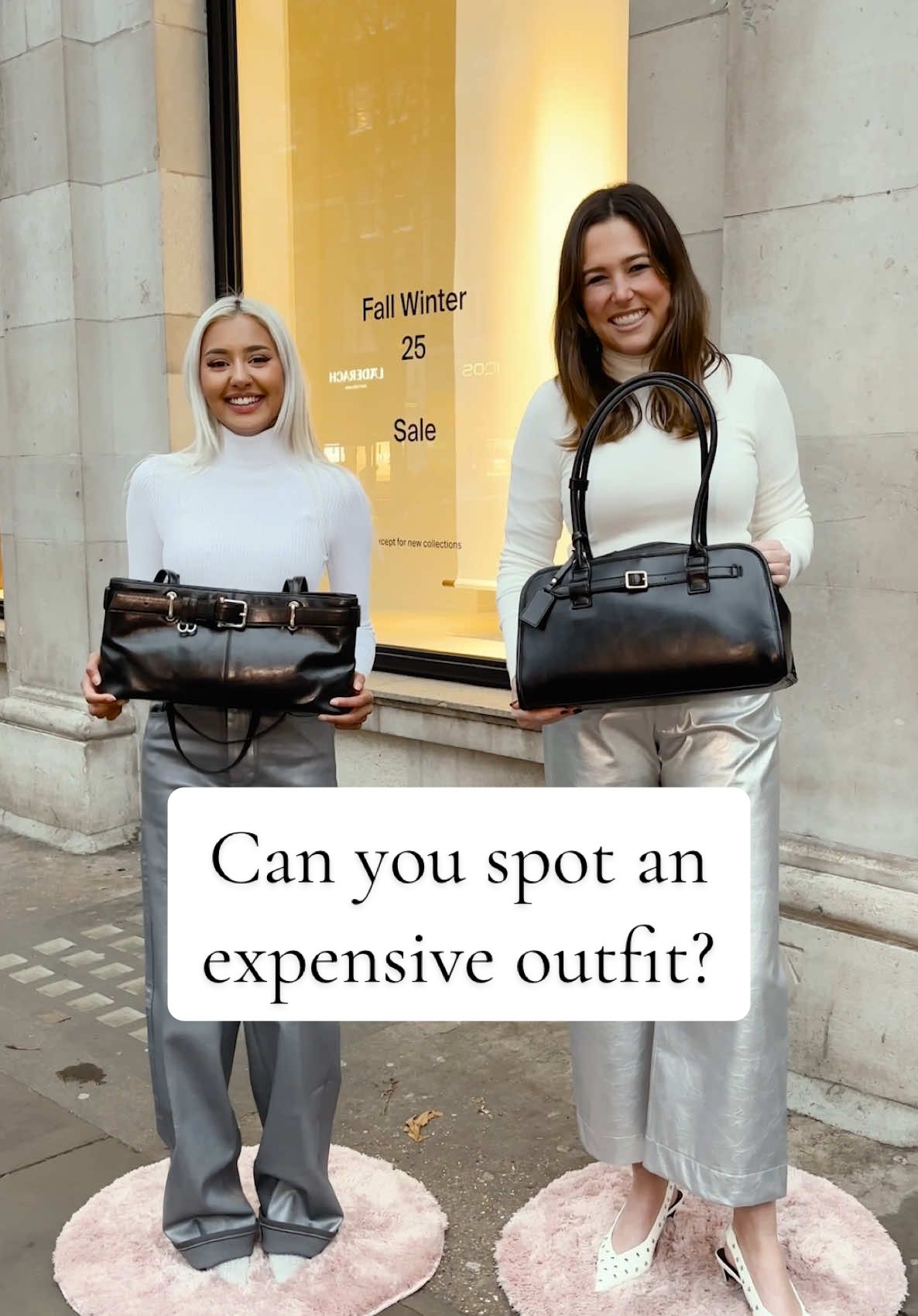 Who said metallic jeans were only for party season? Can you tell which outfit costs £2,441 and which is £255? 👀 #fashiontiktok #designer #highstreet #outfitinspo #OOTD #minimic #streetinterview #guessinggame #TikTokFashion 
