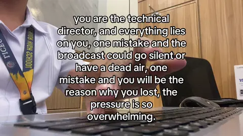 you are the technical director, and everything lies on you, one mistake and the broadcast could go silent or have a dead air, one mistake and you will be the reason why you lost, the pressure is so overwhelming.#Broadcasting #campusjournalism#technicaldirector 