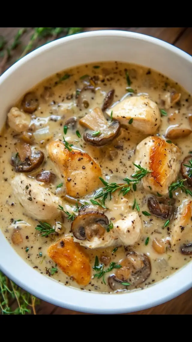 Ingredients: 1 tbsp olive oil 1 small onion, diced 2 garlic cloves, minced 2 carrots, diced 2 celery stalks, diced 1 cup mushrooms, sliced 1 lb cooked chicken, shredded or diced (rotisserie chicken works great) 1 cup wild rice, uncooked 6 cups chicken broth 1 tsp dried thyme 1 tsp dried rosemary 1/2 tsp black pepper 1/2 tsp salt (adjust to taste) 1 cup heavy cream (or half-and-half) 2 tbsp butter 2 tbsp all-purpose flour Fresh parsley, for garnish (optional) Instructions: Heat olive oil in a large pot over medium heat. Add onion, garlic, carrots, and celery. Sauté until vegetables are softened, about 5 minutes. Stir in mushrooms and cook for another 3-4 minutes. Add wild rice, chicken broth, thyme, rosemary, salt, and pepper. Bring to a boil, then reduce the heat to low and simmer, covered, for 40-45 minutes, or until the rice is tender. Stir in the cooked chicken and let it heat through. In a small saucepan, melt butter over medium heat. Whisk in flour and cook for 1 minute, stirring constantly. Slowly add heavy cream, whisking until smooth. Cook until slightly thickened. Pour the cream mixture into the soup and stir to combine. Simmer for 5-10 minutes to meld the flavors. Serve warm, garnished with fresh parsley if desired. #CreamyChickenSoup #MushroomSoup #WildRiceSoup #ComfortFood #HeartySoups #EasyDinnerIdeas #ChickenRecipes #FallRecipes #CozyMeals #OnePotMeals #HomemadeSoup #SoupSeason #FamilyMeals #DeliciousComfortFood #EasyRecipes #FoodieFavorites #WarmAndHearty #DinnerInspo #SavoryEats #SimpleCooking