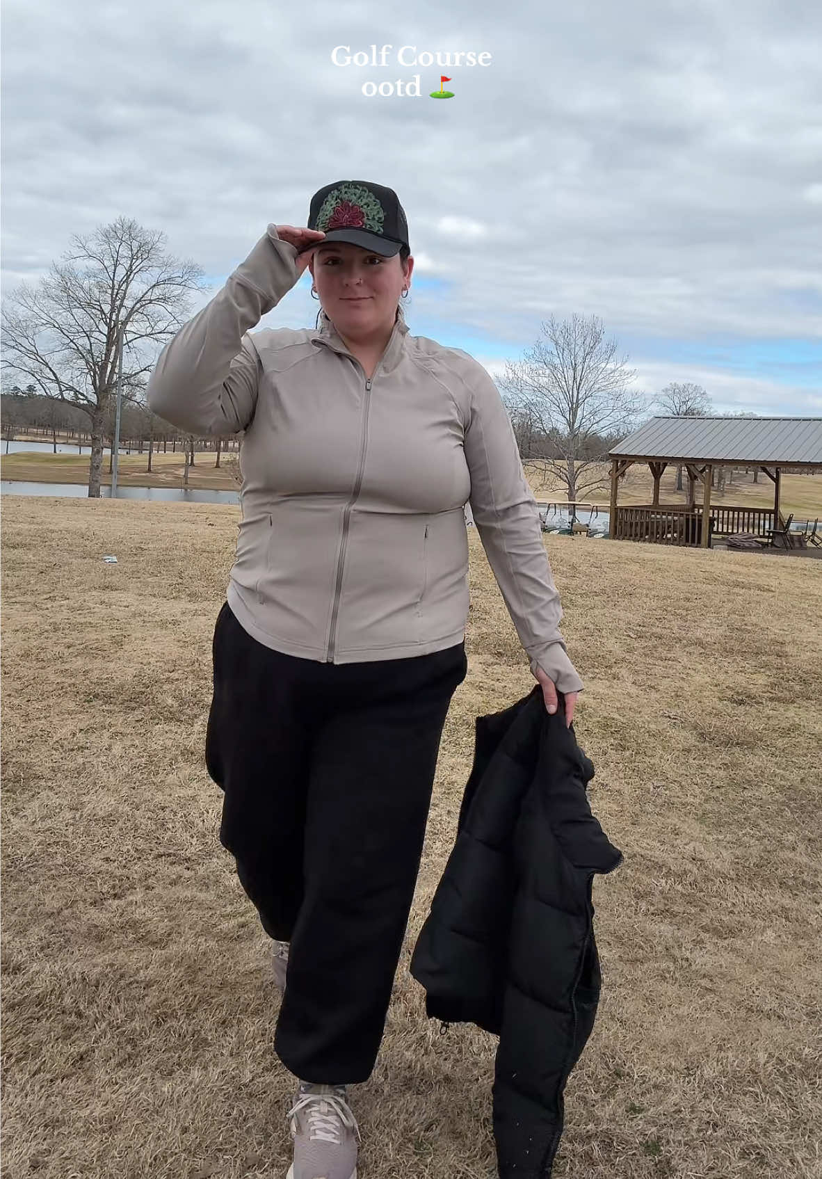 Love a cozy athleisure look✨🤌🏼  Sweat pants & zip up @Walmart Puffer vest @Factory Connection  Tennis shoes @Brooks Running  Trucker hat @Hillbetty Bliss Boutique  #OOTD #athleisure #plussizestyle #golfing #wifey #momlife #fyp 