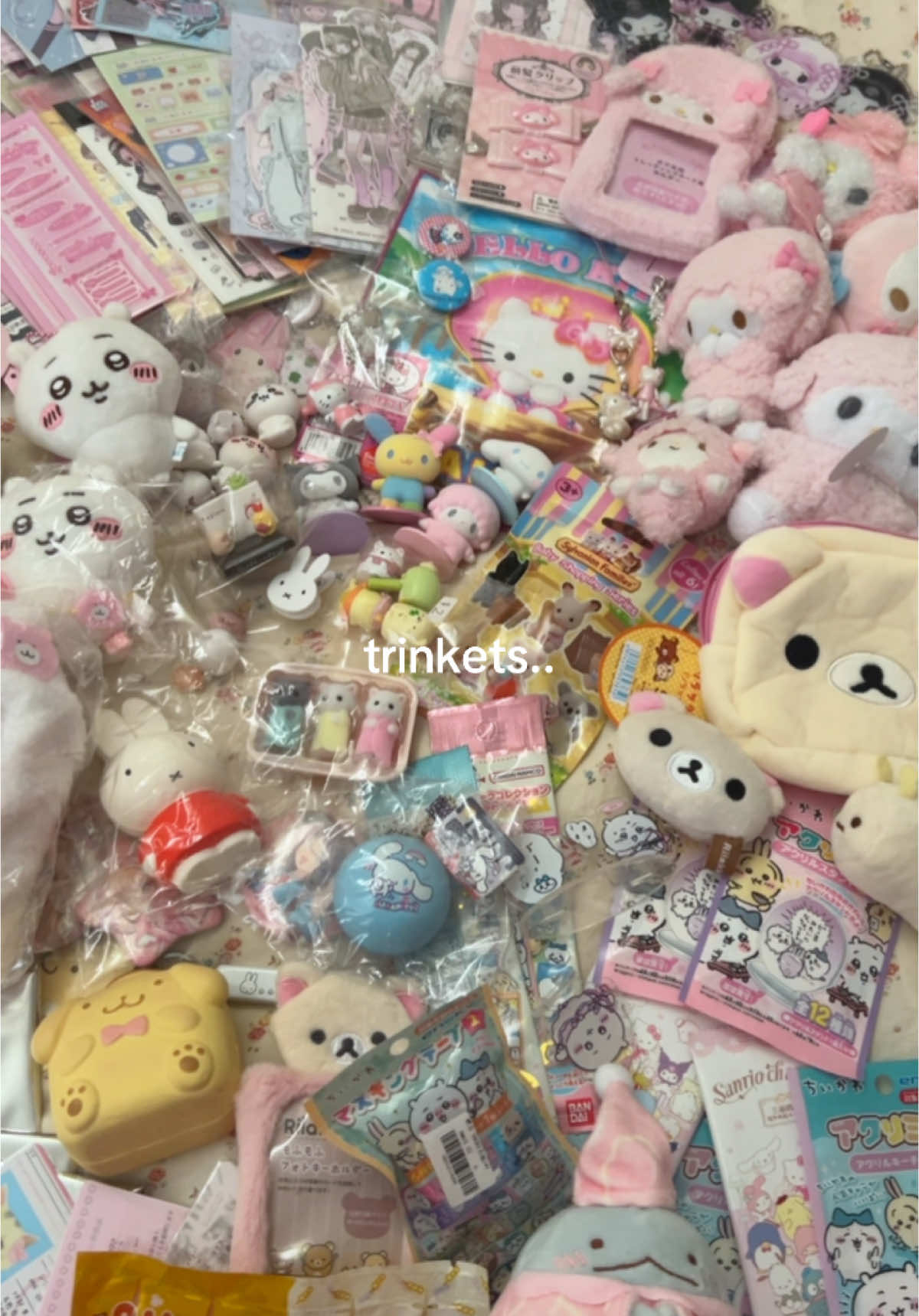 I currently have 5 cents to my name!!!!!!!!! #trinkets #sanrio #korilakkuma #chiikawa #miffy #trinkethaul #cutestuff #hellokitty #mysweetpiano #haul #stickers 