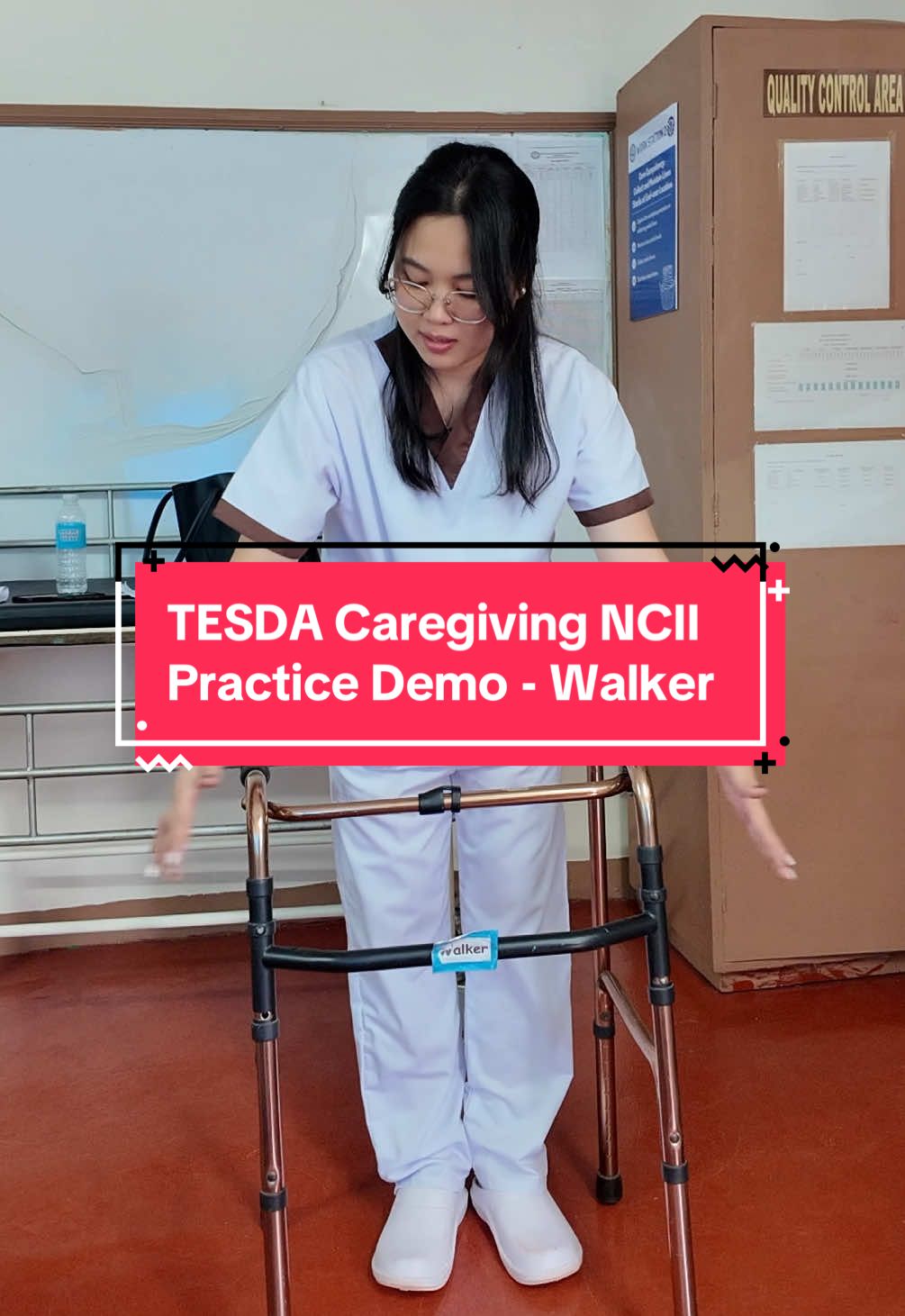 Practice With Me 🚶🏻‍♀️ TESDA Caregiving NCII Assistive Device - Walker I performed using a walker: - 2 point gait - 3 point gait - swing to Right leg ang bad leg in this practice demo 🦯 Note na dili maka gamit og stairs using ang walker, and walay swing through gait. #TESDACaregivingNCII #TESDACaregiving #CaregivingDavao #TESDADavao #CaregivingStudent 💞