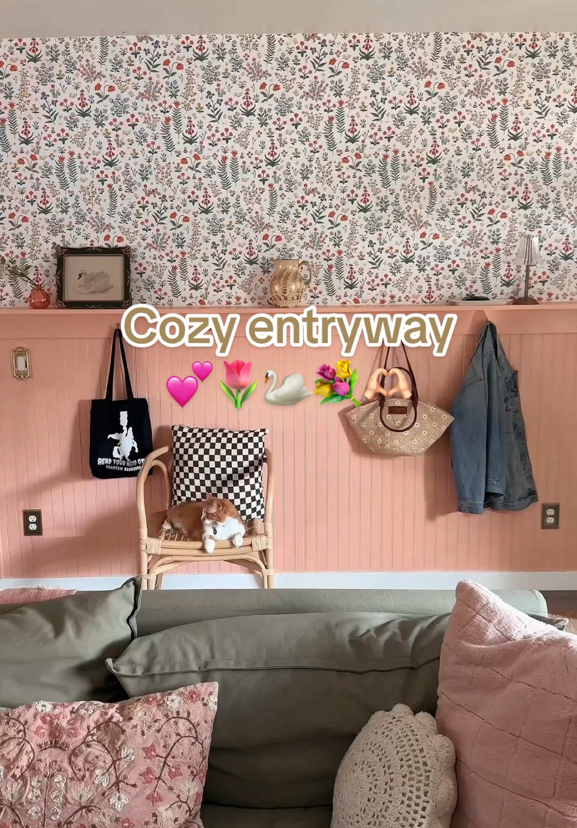 One of my favorite projects we’ve done in the house so far and I love it SO much! 💐🌷🦢 It’s the perfect mix of cute yet functional.  This gorgeous wallpaper is by @riflepaperco + @york_wallcoverings . It’s absolutely stunning 💕🫶🏻 This design was inspired by @steffy , I looove all her work, check her out if you haven’t yet! We used beadboard and plywood to bring this project to life! 💕🫶🏻 #homedecor #homeupdates #cottagecoreaesthetic #cottagecorevibes #cozydecor #girlydecor #cottagecore #cozyvibes #cozyaesthetic