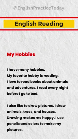 My Hobbies, English Learning, Listen and Speak English, Speak English Languge Fluently, Practice English with me #hobbies #englishlearning #englishlesson #englishspeaking #englishlistening #practiceenglish #speakfluently #englishreading 