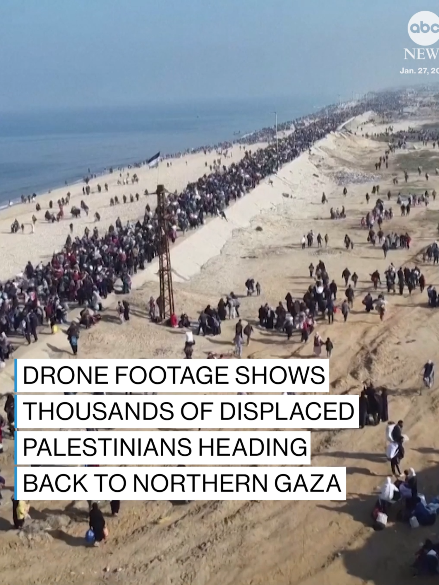 Aerial footage showed tens of thousands of displaced Palestinians carrying their belongings as they made their way along the seafront of Wadi Gaza, on foot, to the north of the enclave. #news #gaza #drone