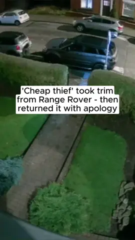 A ‘cheap thief' took part of a Range Rover… before returning it with an apology note.  Joey Garofalo’s car had part of the trim taken last weekend (Sunday, January 19) from outside his home in Rochdale.  But shortly after reporting it to the police and posting footage on social media, the part was returned - with an apology note - signed from ‘The Bandit.’ It was written by a man claiming he was driving his wife's car, and did not want her to know the trim on her car had itself been stolen previously. Joey says he feels the 'bandit' is 'sorry he got caught rather than being particularly apologetic.' And he says a police officer told him that in ‘20 years in the job, he’d never heard of anything like this’. #news #rochdale #cctv #rangerover #manchestereveningnews