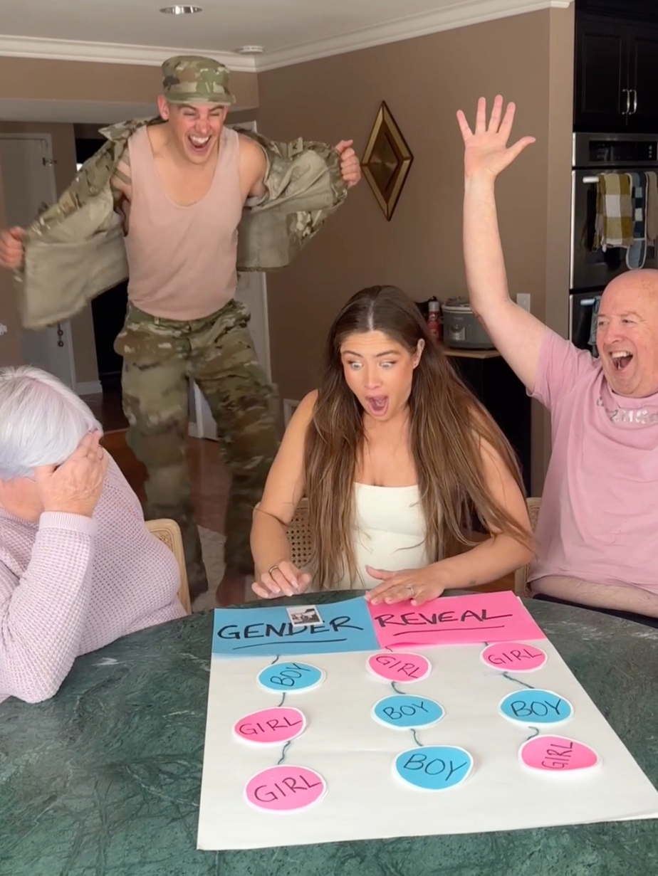 Soldier surprises pregnant girlfriend and family when he proposes at their gender reveal party 🥹 #blessed #family #baby #pregnant #proposal #couplegoals