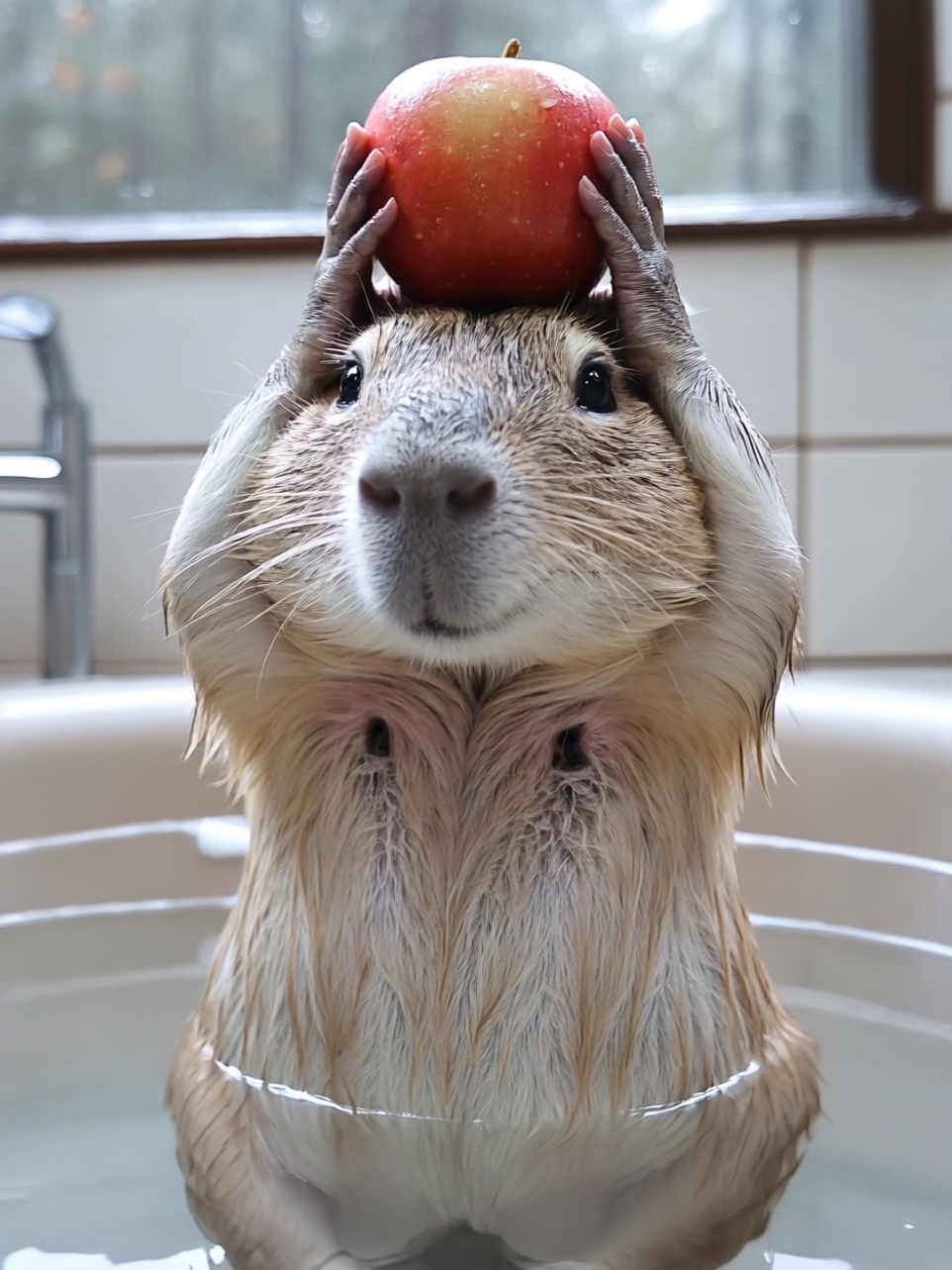 Capybara taking bath in bathtub with apple. #capybara #capybaratiktok #capybaramemes #apple #foryou #foryoupage #fy #fyp #fypage #fypシ゚viral #viraltiktok #PetsOfTikTok #funny #funnyvideos #funnyanimals 