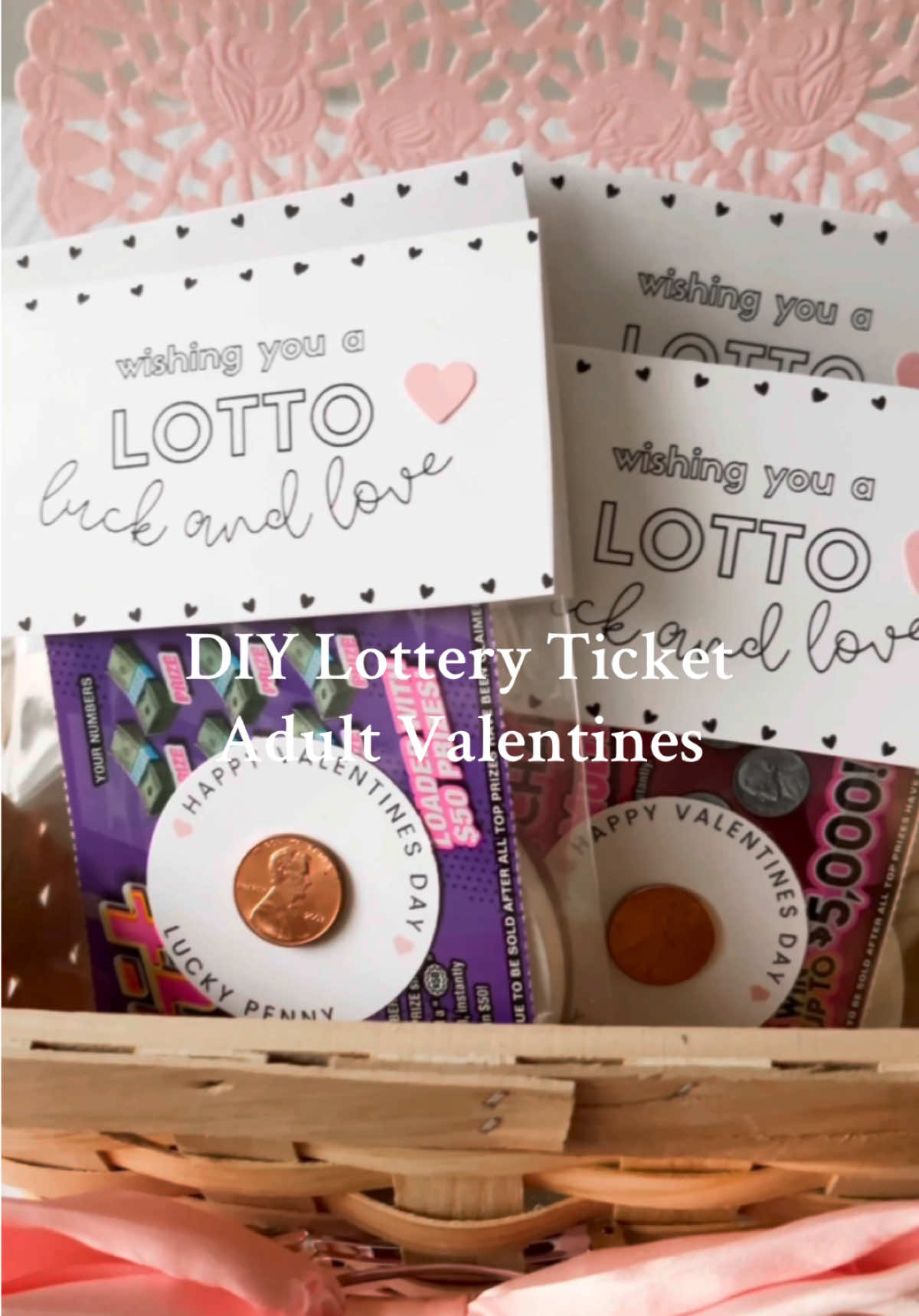DIY Lottery Ticket Valentine for friends, coworkers, teachers, college students, adults, etc. These are quick, easy and cute diy gifts for friends on Valentine’s Day. Bring on adult valentine exchanges! #diyvalentinesdaygift #valentinesdaygift #valentinefavors #adultvalentines #cutediygiftideas 