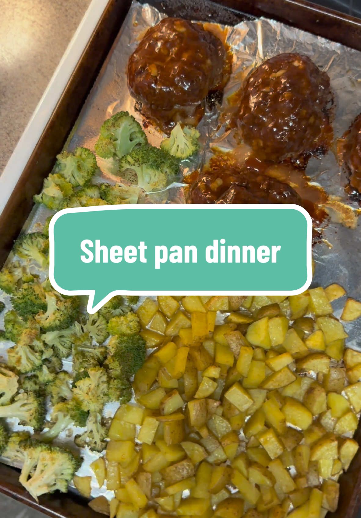 Sheet pan dinners are my favorite! Who doesn’t love easy clean up with a tasty dinner?  You’ll Need:  - 1 lb yellow potatoes, chopped (small)  - 1 lb lean ground beef  - 1/2 onion, chopped - 1/4 cup barbecue sauce or ketchup  - 1/4 cup breadcrumbs  - 1 egg  - broccoli head, cut up  - Spices: garlic powder, onion powder, Italian seasoning, smoked paprika, salt & pepper  For the glaze:  - 1/4 cup barbecue sauce or ketchup  - 1 tablespoon brown sugar  - 1 teaspoon apple cider vinegar  You’ll Need To Do:  - Preheat oven to 425F. - In a mixing bowl, add your potatoes. Drizzle with olive oil and season how you prefer. Add to one side of a sheet lined baking sheet.  - In a mixing bowl, add beef, onion, barbecue sauce (or ketchup), breadcrumbs, and egg. Season and measure with your heart with garlic powder, onion powder, Italian seasoning, smoked paprika, and salt and pepper.  - Mix together and form into 4 portioned loaves. Add to the other side of the sheet pan. Place into oven and cook for about 25 minutes.  - With 15 minutes left, move over the potatoes and add broccoli (that’s drizzled with olive oil and salt and pepper). Cook for the rest of the cook time.  - Prepare the glaze in a small mixing bowl.  - Once cook time is up, brush glaze on top of meatloaves.  *Ensure that the beef is cooked to at least 160F.  - enjoy!  #EasyRecipes #EasyRecipe #dinnerrecipes #easydinner #Recipe #highprotein #mealidea #dinneridea 