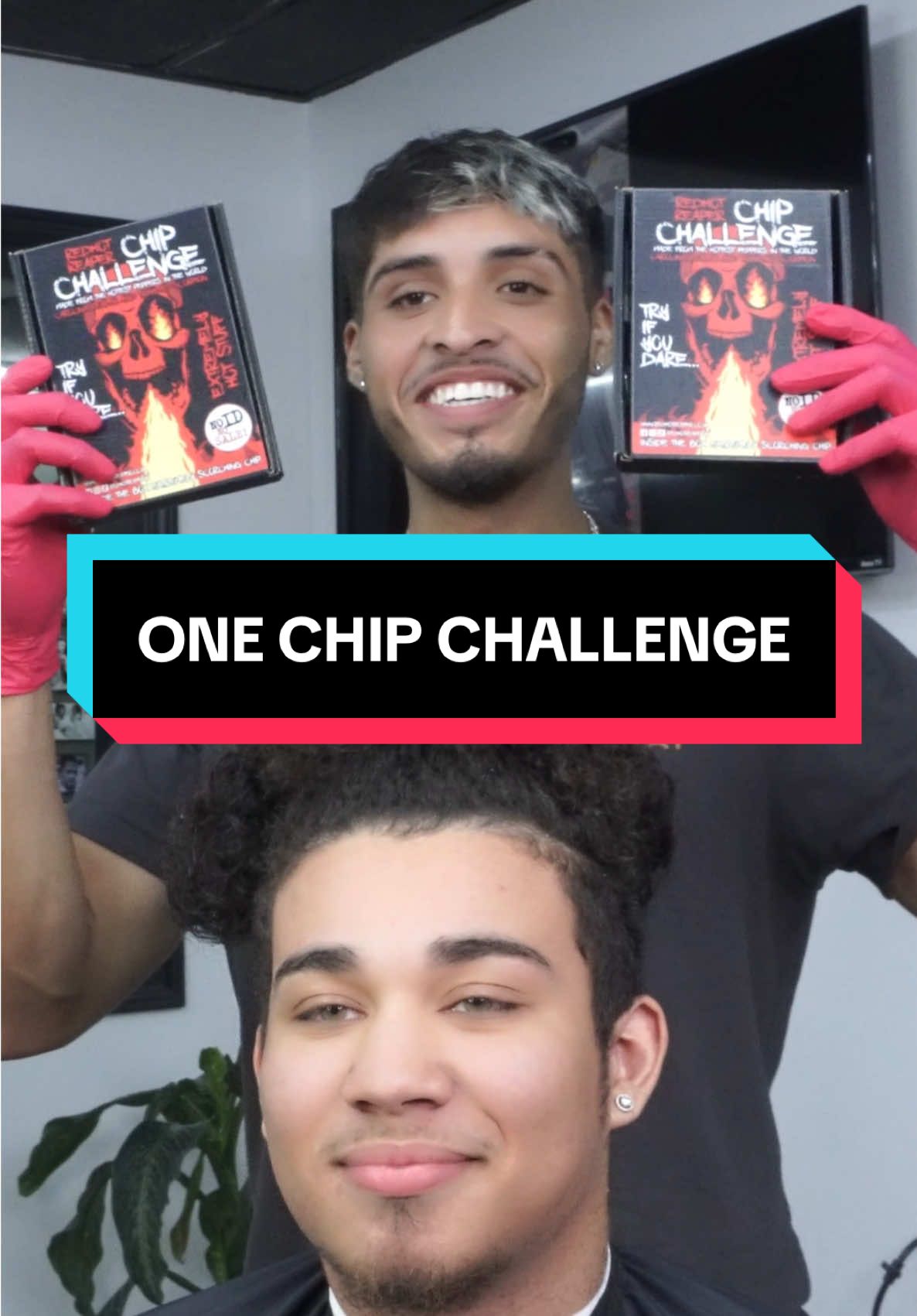 One chip challenge during haircut #tinfades #chicagobarber #haircutchallenge 